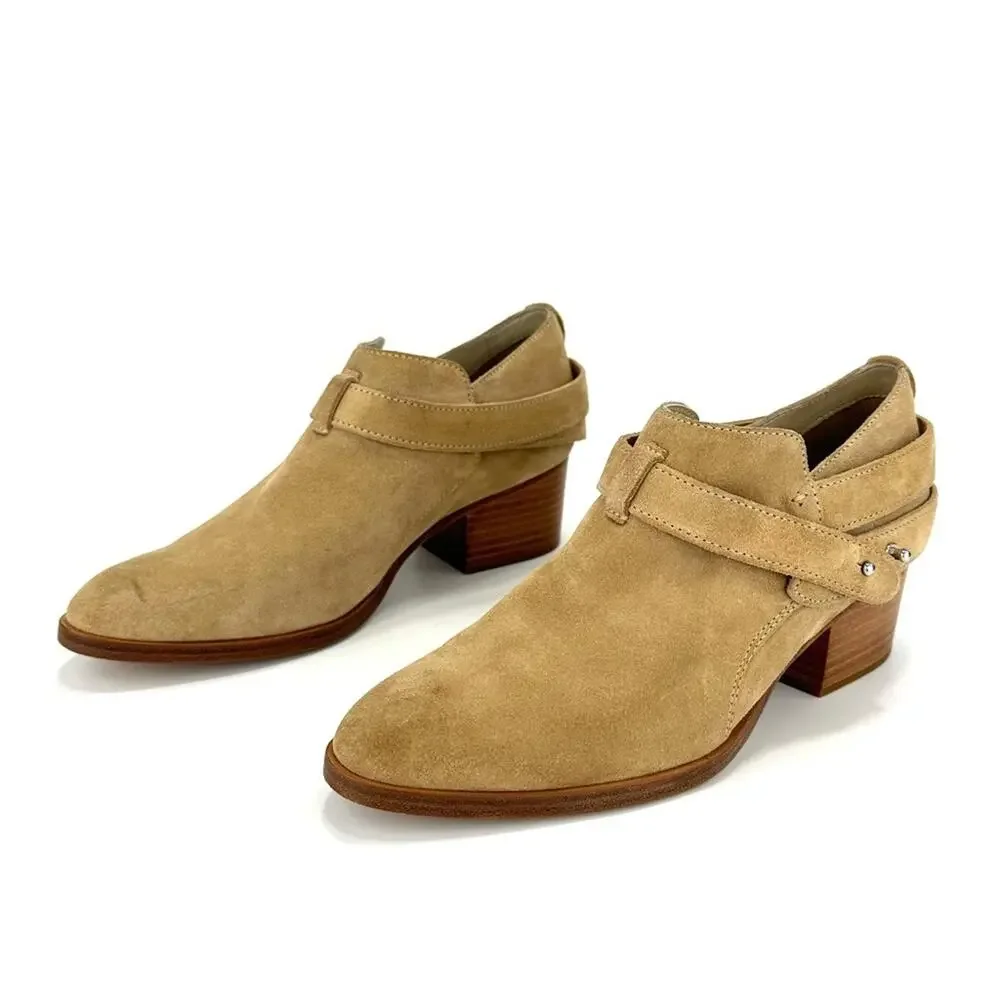 Rag & Bone Harley Women Tan Moto Bootie Size 7 Italian Suede Belted Block Heel